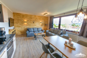 Wohnzimmer Ferienwohnung Braunlage mit rustikaler Holzwand